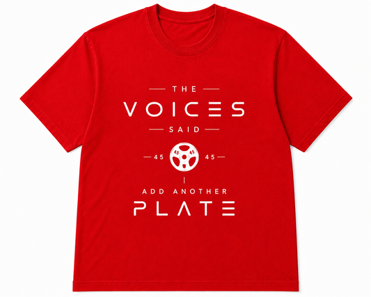 Red t-shirt with white text and graphic on a white background