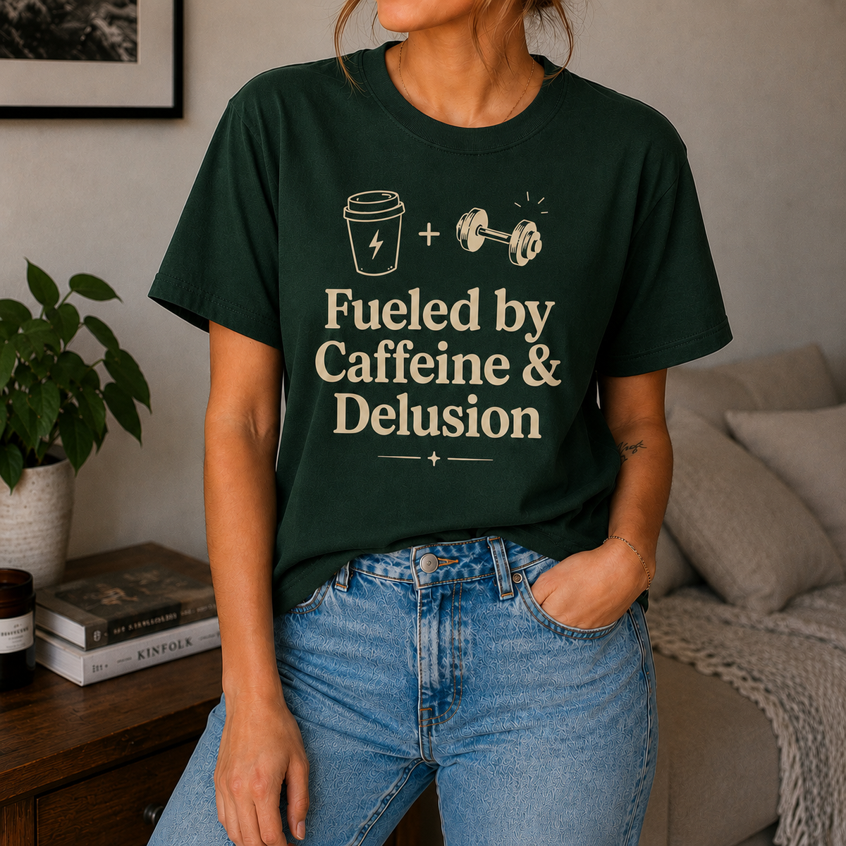 A woman wearing a dark green graphic t-shirt with the text 'Fueled by Caffeine & Delusion' and a coffee cup and dumbbell illustration, paired with blue jeans in a cozy indoor setting.