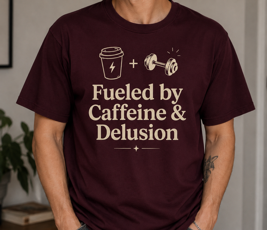 A man wearing a maroon short-sleeve t-shirt with a graphic print that reads 'Fueled by Caffeine & Delusion' with a coffee cup and dumbbell illustration.