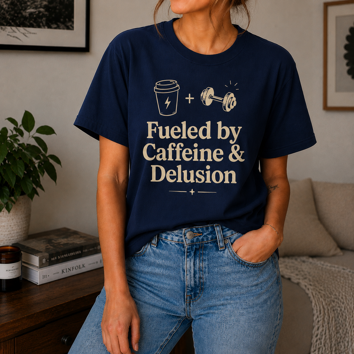A woman wearing a navy blue graphic t-shirt with the text 'Fueled by Caffeine & Delusion' and coffee-themed illustrations, paired with light-wash blue jeans in a cozy living room setting.