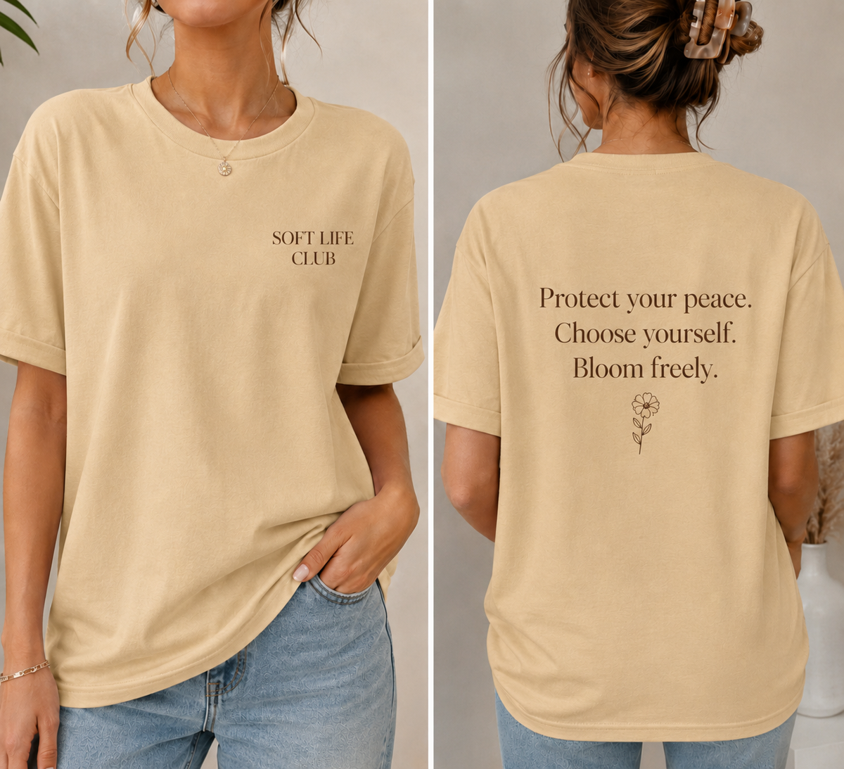 A woman modeling a light beige short-sleeve T-shirt shown from both front and back. The front has small black text reading 'SOFT LIFE CLUB' on the left chest, and the back has larger black text reading 'Protect your peace.