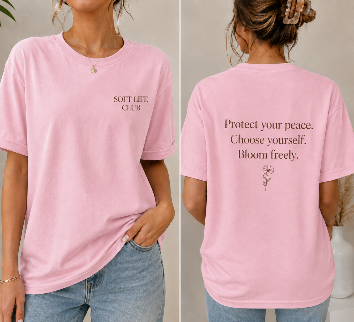 A pink short-sleeve graphic T-shirt shown on a model from the front and back. The front has 'SOFT LIFE CLUB' printed in dark brown on the left chest, and the back features the quote 'Protect your peace.