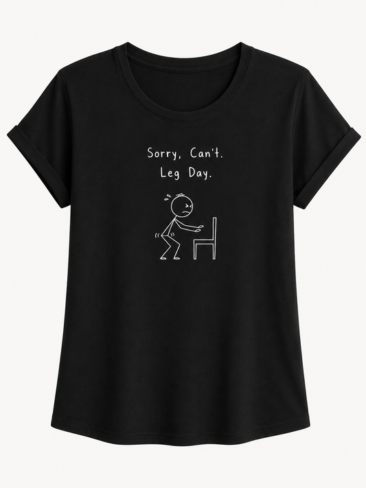 Black t-shirt with white graphic and text 'Sorry, Can't. Leg Day.' on a white background