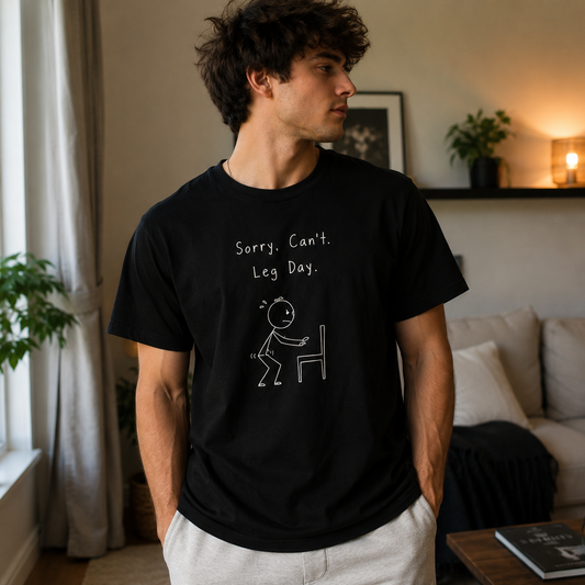 A man wearing a black graphic t-shirt with a white hand-drawn style illustration and the text 'Sorry, Can't, Leg Day.' standing in a cozy, softly lit living room.